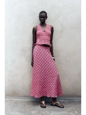 Zara Pink Printed Midi Skirt